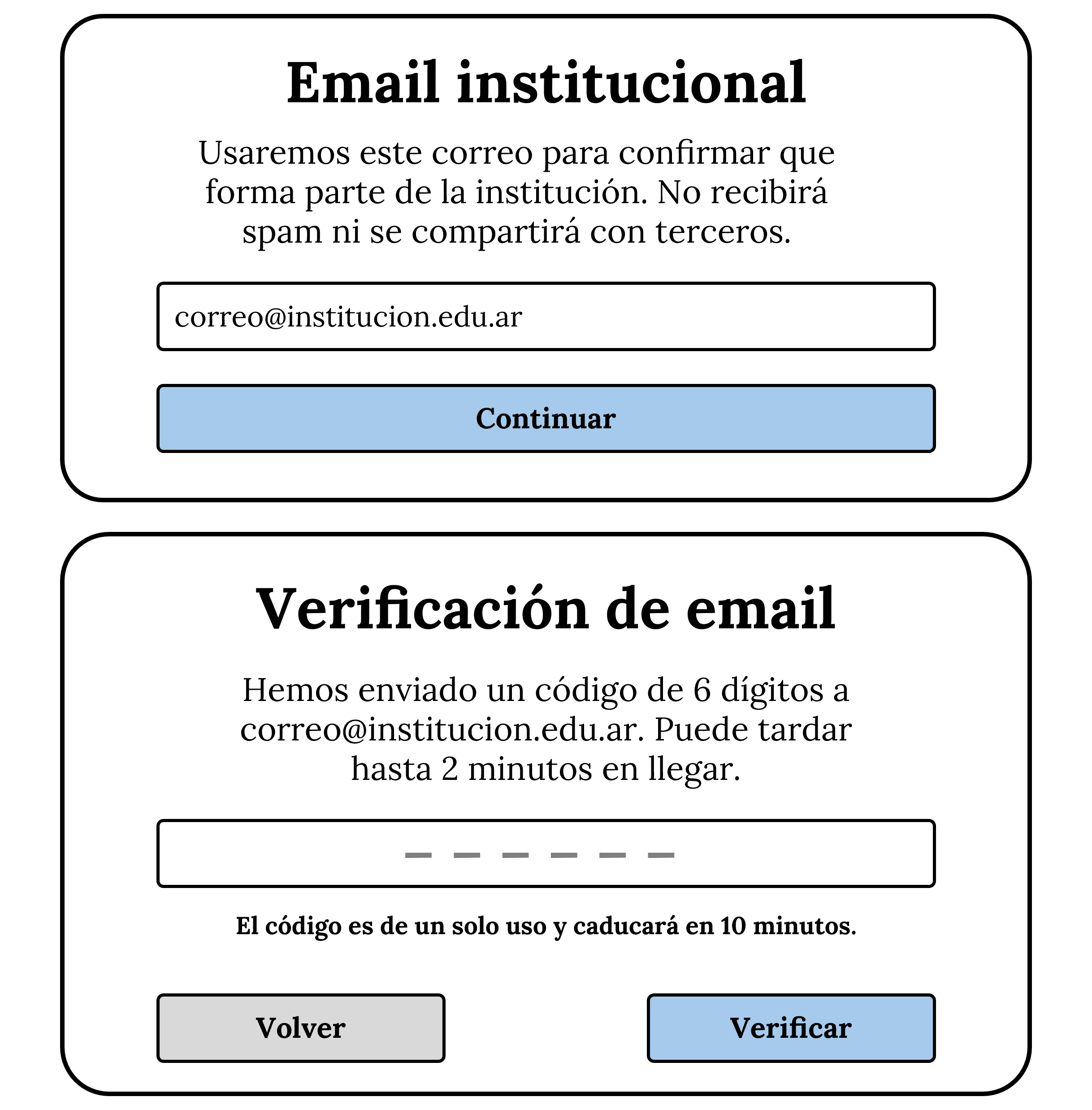 Wireframe de verificación por email institucional