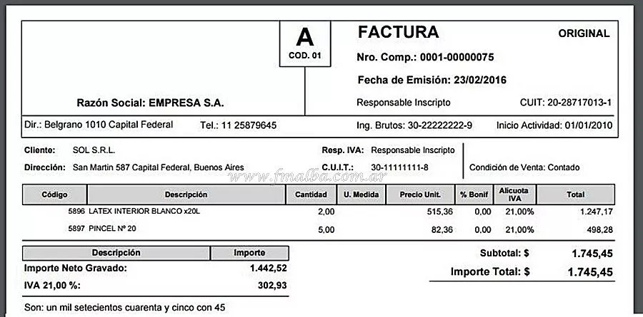 Ejemplo de comprobante de factura AFIP